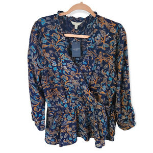 Lucky Brand Women's Blue Gold Long Sleeve V Neck Wrap Style Top Large NWT